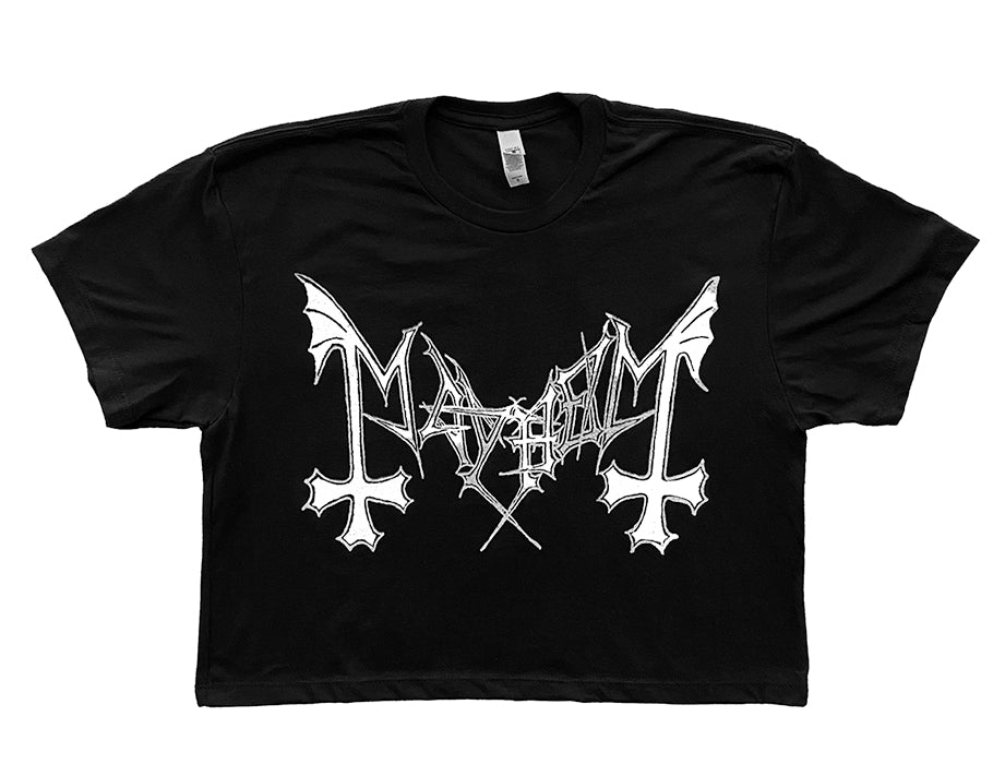 Mayhem  Black Logo  Ladies White Crop Top T-shirt