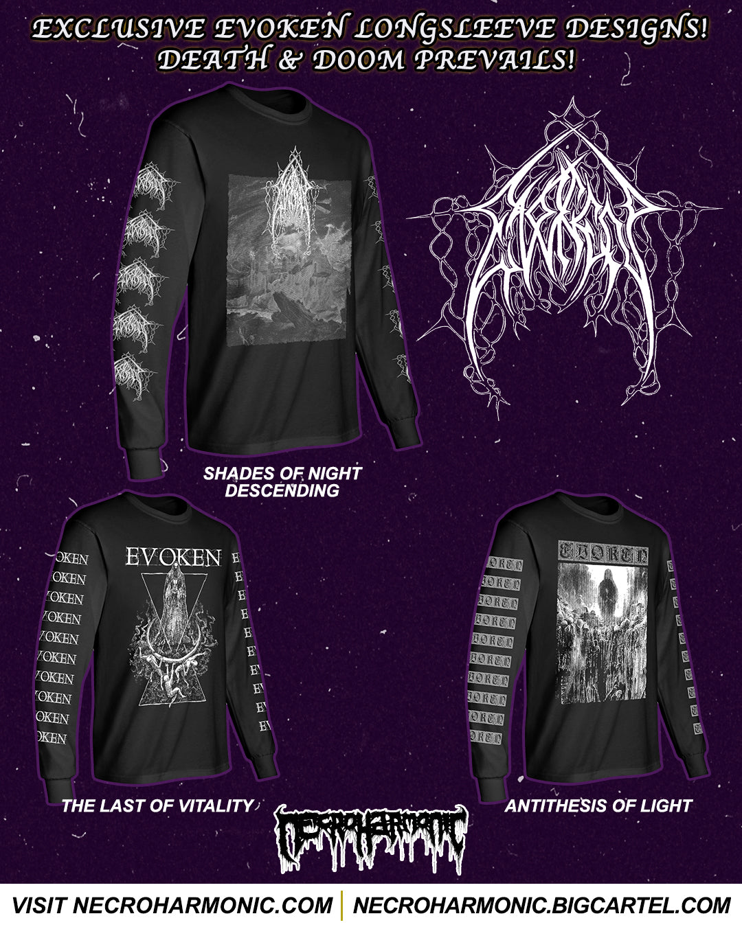 Evoken " Shades Of Night Descending " Long sleeve T shirt with sleeve prints for 1st time ever ! on Necroharmonic , the original cover art from the 1st Evoken release
